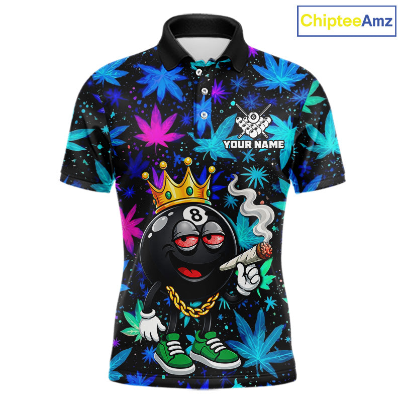 Custom Funny Crown 8 Ball Pool Polo 1/4-Zip Shirt For Men Neon Leaf Billiard Team Jersey NYN4755