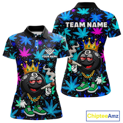 Custom Funny Crown 8 Ball Pool Polo 1/4-Zip Shirt For Women Neon Leaf Billiard Team Jersey NYN4755