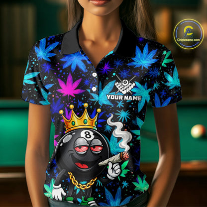 Custom Funny Crown 8 Ball Pool Polo 1/4-Zip Shirt For Women Neon Leaf Billiard Team Jersey NYN4755