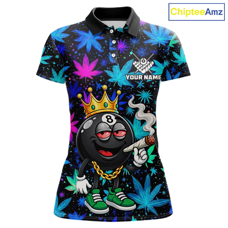 Custom Funny Crown 8 Ball Pool Polo 1/4-Zip Shirt For Women Neon Leaf Billiard Team Jersey NYN4755