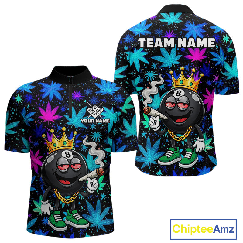 Custom Funny Crown 8 Ball Pool Polo 1/4-Zip Shirt For Men Neon Leaf Billiard Team Jersey NYN4755