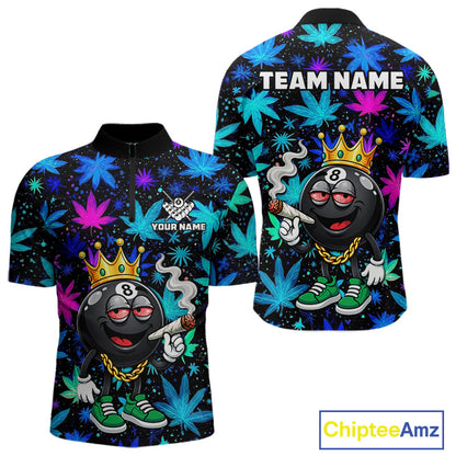 Custom Funny Crown 8 Ball Pool Polo 1/4-Zip Shirt For Men Neon Leaf Billiard Team Jersey NYN4755