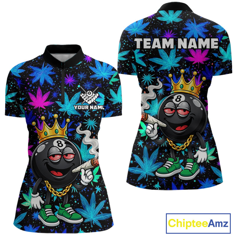Custom Funny Crown 8 Ball Pool Polo 1/4-Zip Shirt For Women Neon Leaf Billiard Team Jersey NYN4755