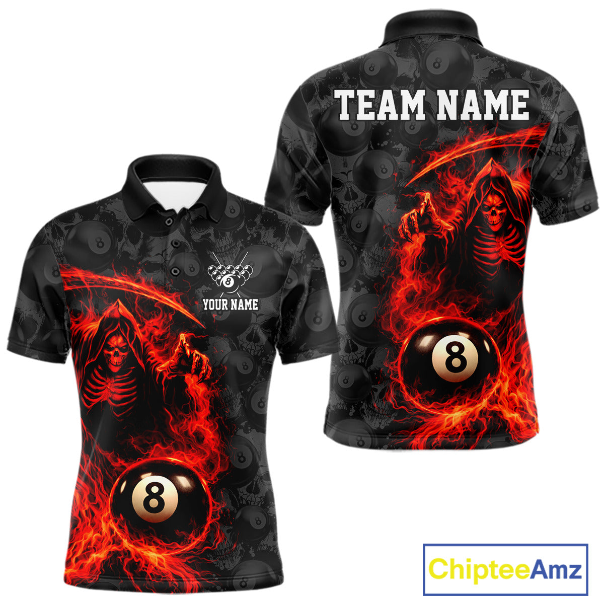 Personalized Red Flaming Grim Reaper 8 Ball Pool Billiard Shirts For Men Billiard Attire Gifts NYN2792