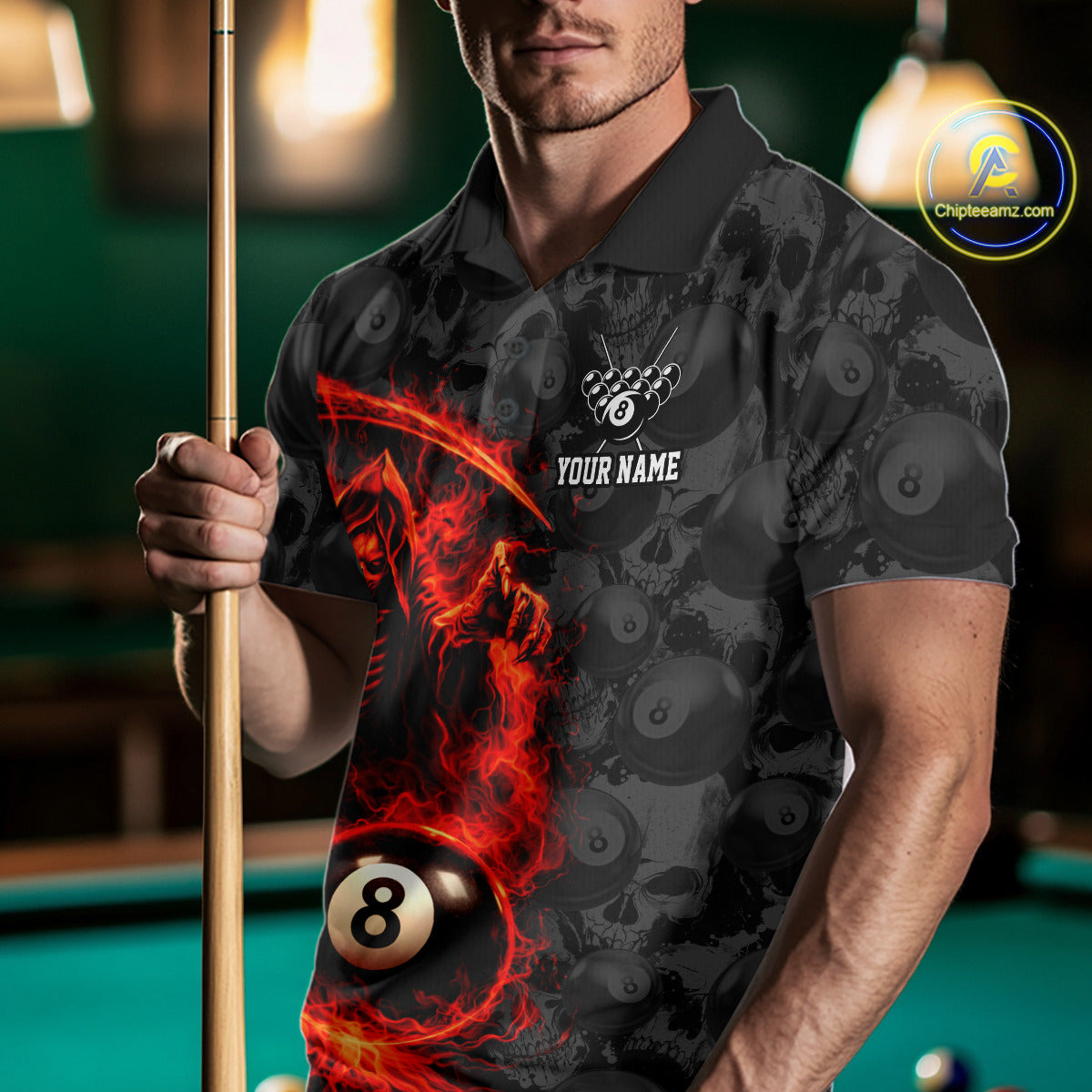 Personalized Red Flaming Grim Reaper 8 Ball Pool Billiard Shirts For Men Billiard Attire Gifts NYN2792