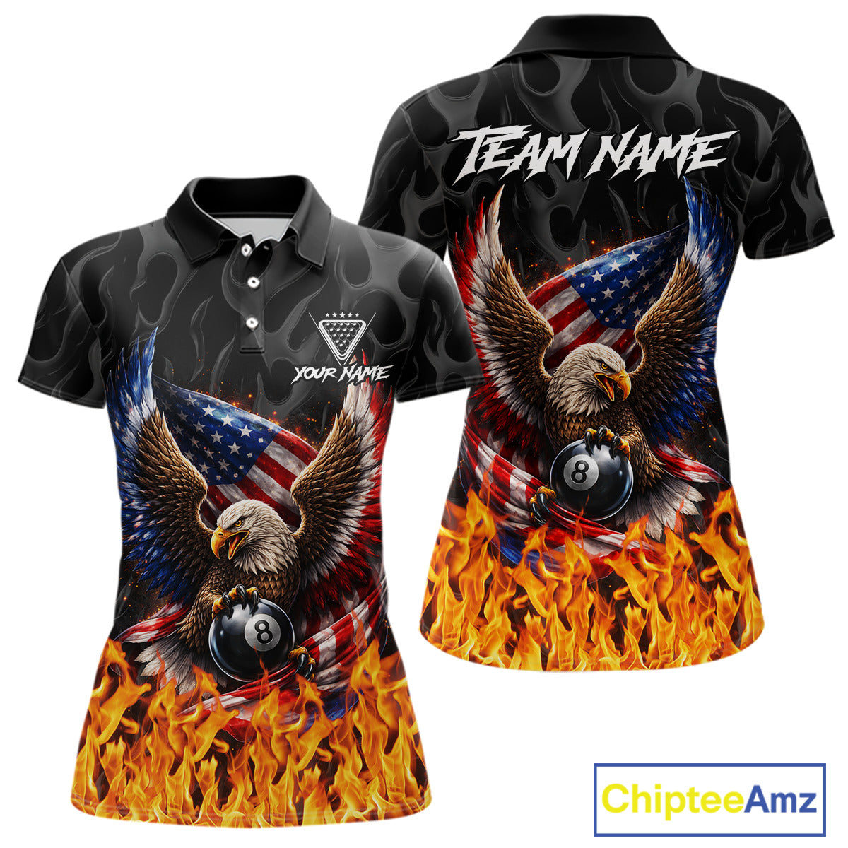 Personalized Fire Flame US Flag Eagle 8 Ball Pool Billiard Shirts For Women Patriotic Billiard Gifts NYN2793