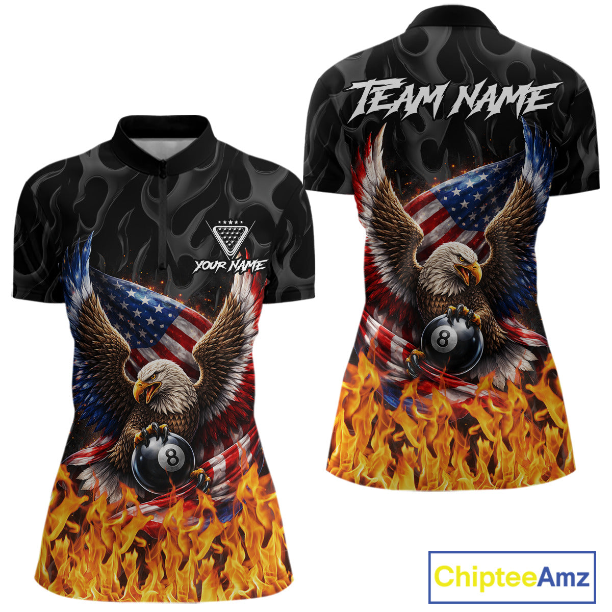Personalized Fire Flame US Flag Eagle 8 Ball Pool Billiard Shirts For Women Patriotic Billiard Gifts NYN2793