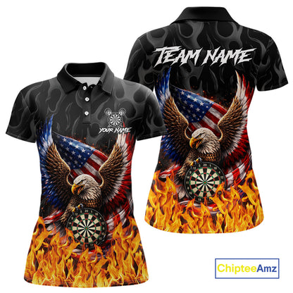 Personalized Fire Flame US Flag Eagle Dart Polo & 1/4-Zip Shirts For Women Patriotic Dart Gifts NYN2795