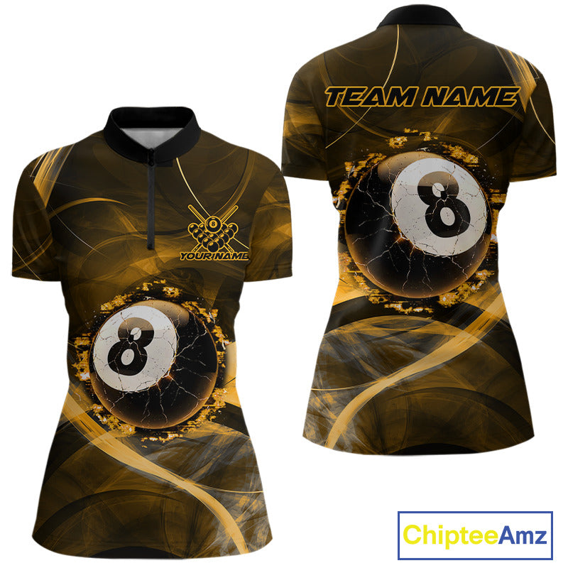 Yellow Smoke Cracked 8 Ball Pool Shirt For Women Custom Billiard Polo Quarter Zip Team Jersey