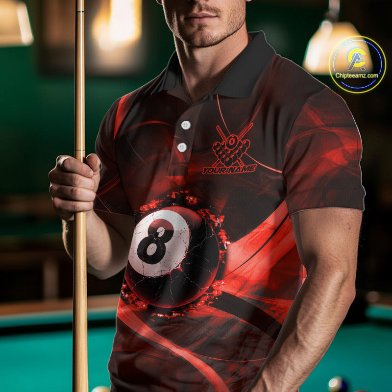 Smoke Cracked Billiard 8 Ball Pool Shirt For Men Custom Billiard Polo & 1/4 Zip Team Attire | Red NYN3422