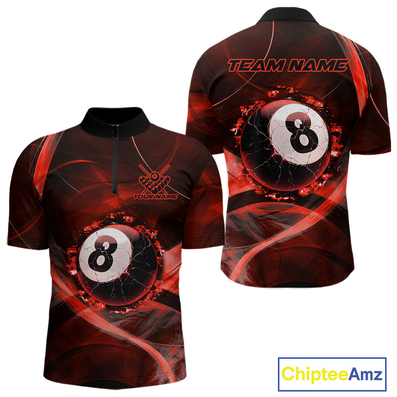 Red Smoke Cracked 8 Ball Pool Shirt For Men Custom Billiard Polo Quarter Zip Team Jersey