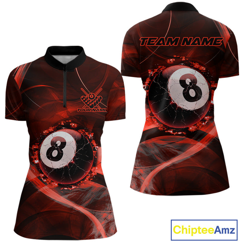 Red Smoke Cracked 8 Ball Pool Shirt For Women Custom Billiard Polo Quarter Zip Team Jersey