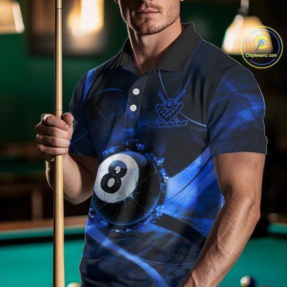 Smoke Cracked Billiard 8 Ball Pool Shirt For Men Custom Billiard Polo & 1/4 Zip Team Attire | Blue NYN3423