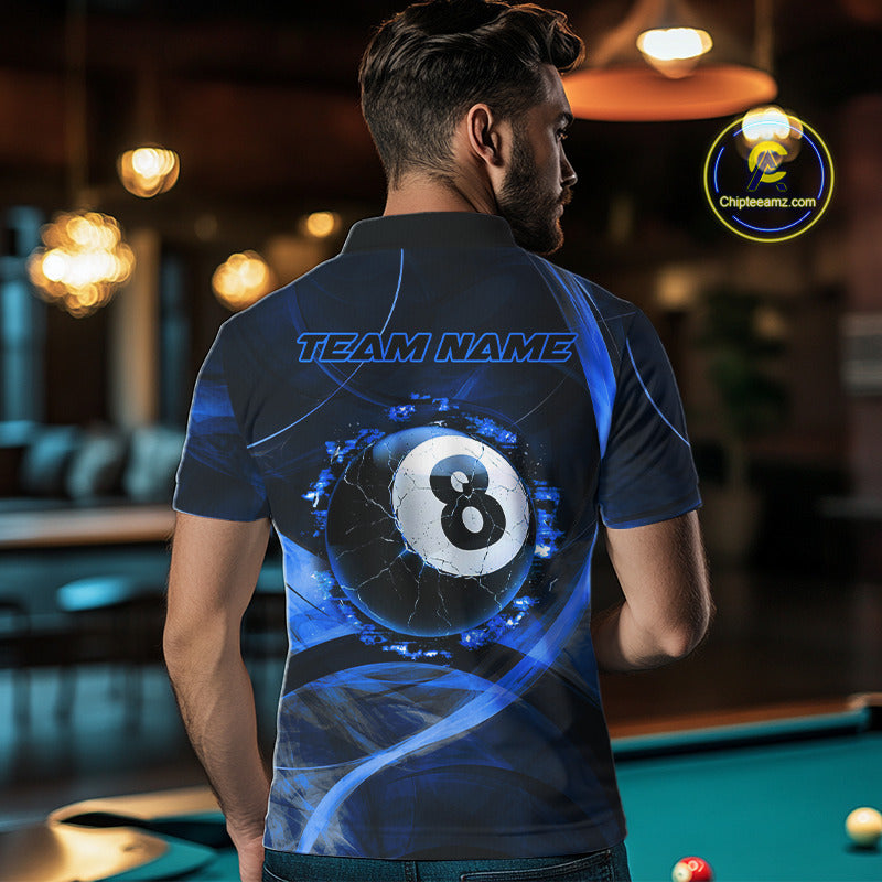 Smoke Cracked Billiard 8 Ball Pool Shirt For Men Custom Billiard Polo & 1/4 Zip Team Attire | Blue NYN3423