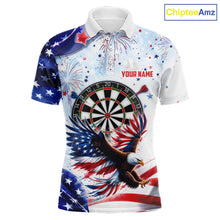Load image into Gallery viewer, American Flag Eagle men's darts polo with patriotic USA graphics, personalized dart tournament jersey, military appreciation apparel, custom league sportswear