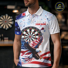 Load image into Gallery viewer, Male model wearing American Flag Eagle darts polo, USA patriotic tournament jersey, veteran appreciation apparel, personalized league performance clothing