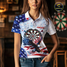 Load image into Gallery viewer, Female model wearing American Flag Eagle darts polo, patriotic women's dart tournament jersey, custom USA league apparel, championship athletic uniform