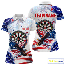 Load image into Gallery viewer, American Flag Eagle women's darts polo featuring patriotic eagle and USA flag artwork, custom darts team jersey, veterans tournament apparel, personalized championship league uniform