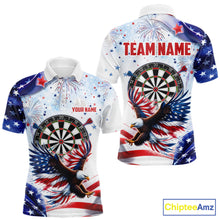 Load image into Gallery viewer, American Flag Eagle men's darts polo with patriotic USA graphics, personalized dart tournament jersey, military appreciation apparel, custom league sportswear