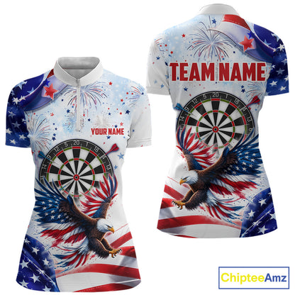 Women's American Flag Eagle quarter-zip darts jersey, patriotic custom tournament shirt, USA dart team apparel, personalized performance clothing