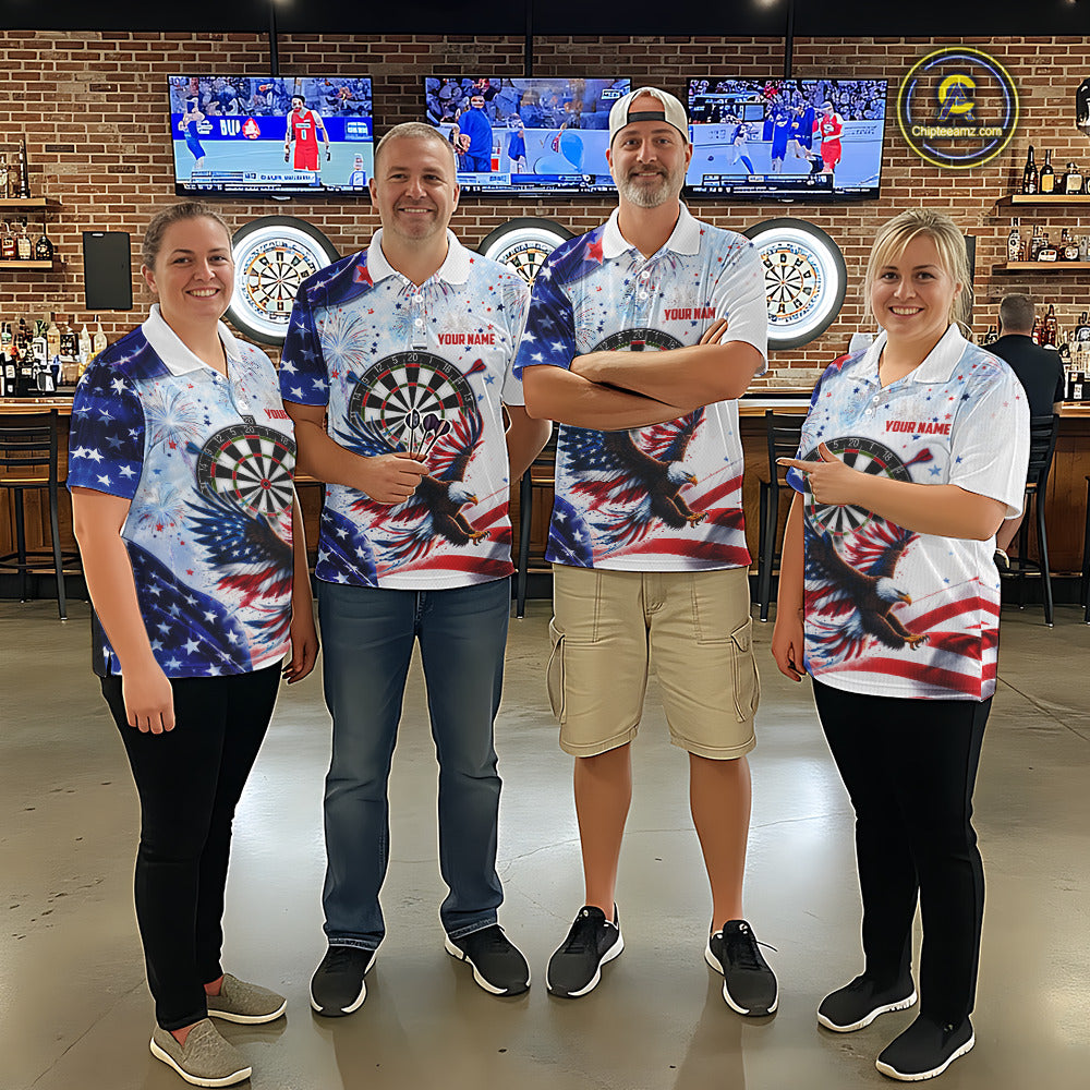 Coordinated American Flag Eagle darts team jerseys for men and women, patriotic USA tournament uniforms, veterans appreciation apparel, custom championship league clothing