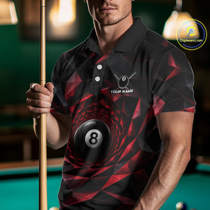 Custom 8 Ball Pool Jersey Personalized Red Geometric Billiard Short Sleeve Men Polo Quarter-Zip Shirt NYN3982