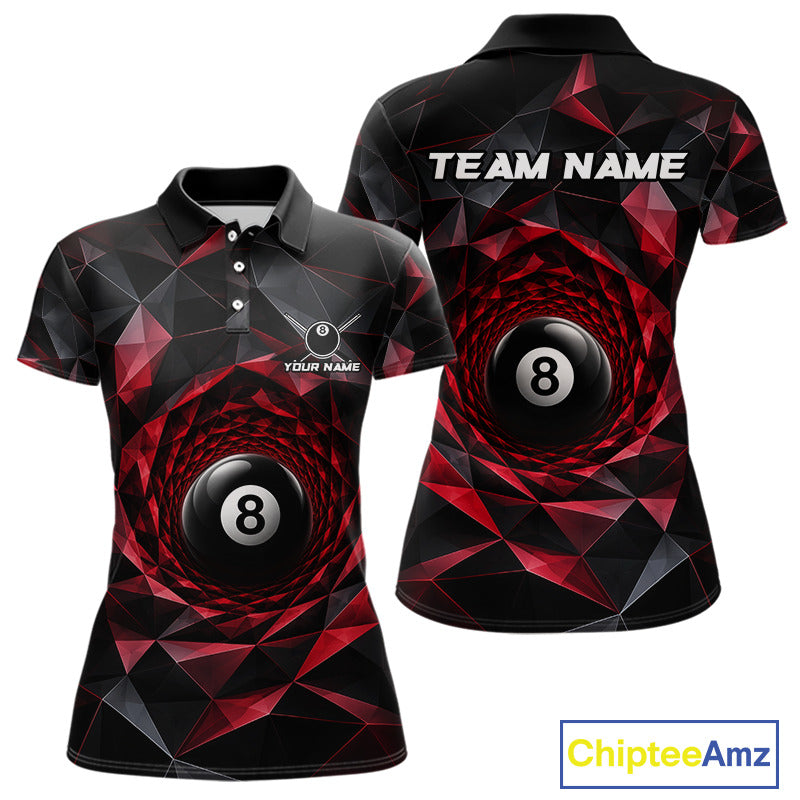 Custom 8 Ball Pool Jersey Personalized Red Geometric Billiard Short Sleeve Women Polo Quarter-Zip Shirt NYN3982