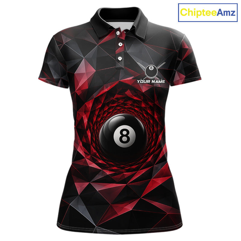 Custom 8 Ball Pool Jersey Personalized Red Geometric Billiard Short Sleeve Women Polo Quarter-Zip Shirt NYN3982