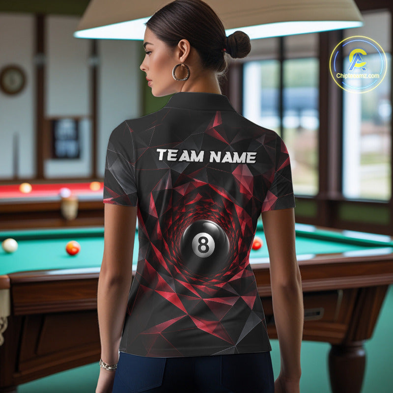 Custom 8 Ball Pool Jersey Personalized Red Geometric Billiard Short Sleeve Women Polo Quarter-Zip Shirt NYN3982