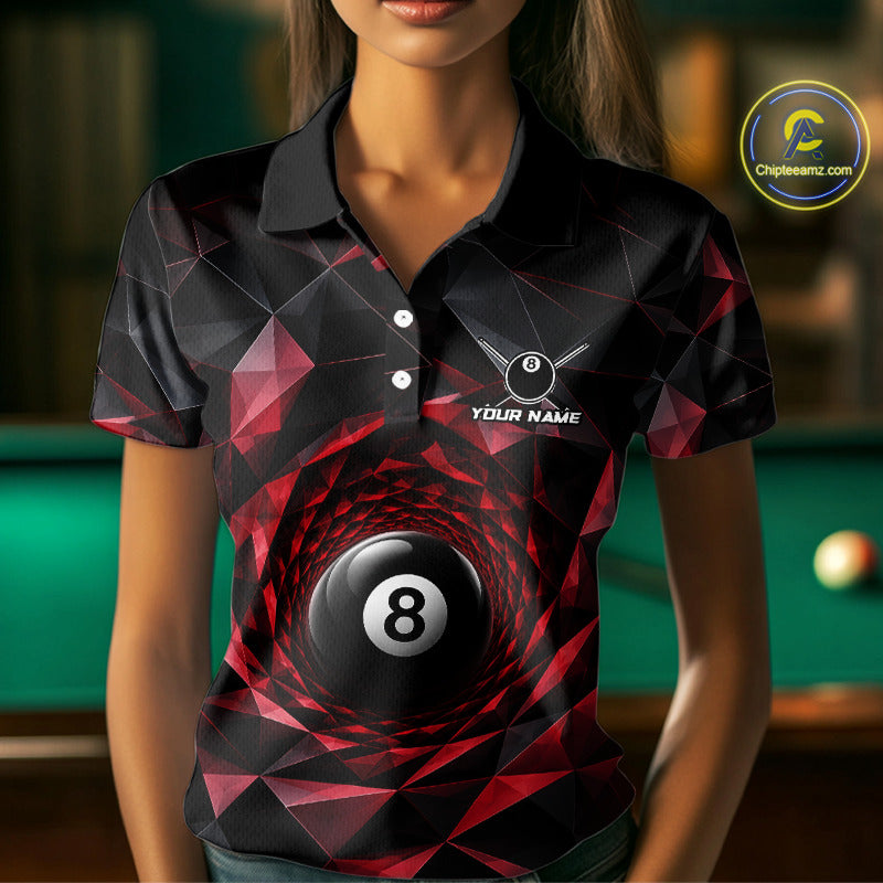 Custom 8 Ball Pool Jersey Personalized Red Geometric Billiard Short Sleeve Women Polo Quarter-Zip Shirt NYN3982