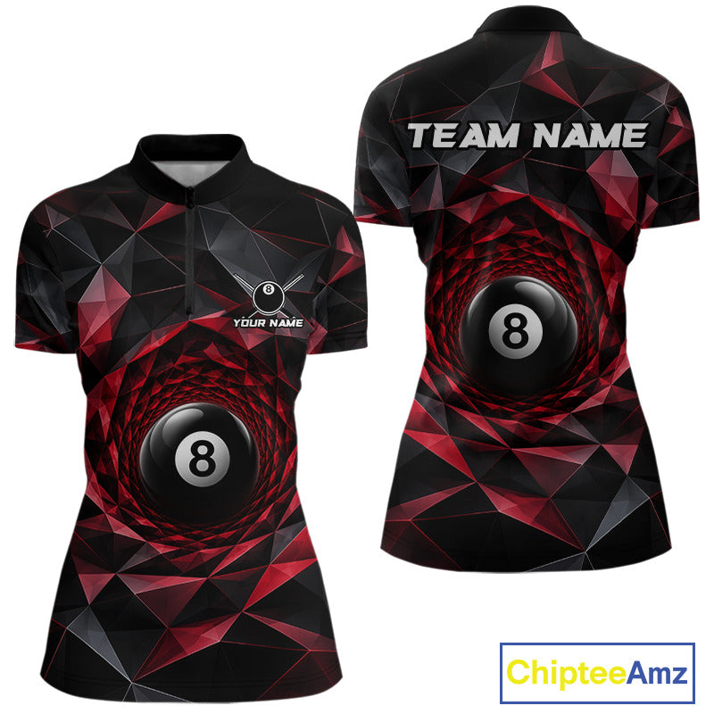 Custom 8 Ball Pool Jersey Personalized Red Geometric Billiard Short Sleeve Women Polo Quarter-Zip Shirt NYN3982
