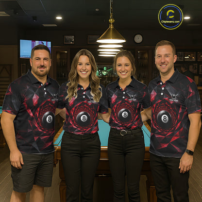 Custom 8 Ball Pool Jersey Personalized Red Geometric Billiard Short Sleeve Women Polo Quarter-Zip Shirt NYN3982