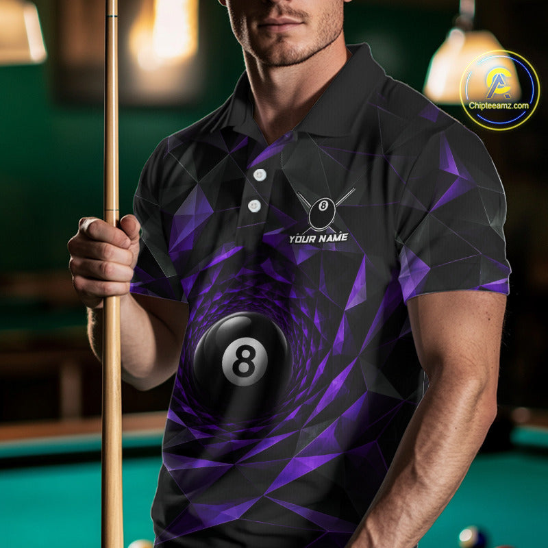Custom 8 Ball Pool Jersey Personalized Purple Geometric Billiard Short Sleeve Men Polo Quarter-Zip Shirt NYN3983