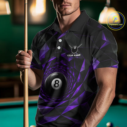 Custom 8 Ball Pool Jersey Personalized Purple Geometric Billiard Short Sleeve Men Polo Quarter-Zip Shirt NYN3983