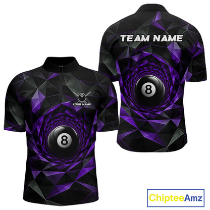 Custom 8 Ball Pool Jersey Personalized Purple Geometric Billiard Short Sleeve Men Polo Quarter-Zip Shirt NYN3983