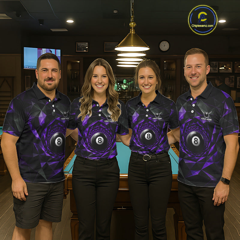 Custom 8 Ball Pool Jersey Personalized Purple Geometric Billiard Short Sleeve Men Polo Quarter-Zip Shirt NYN3983
