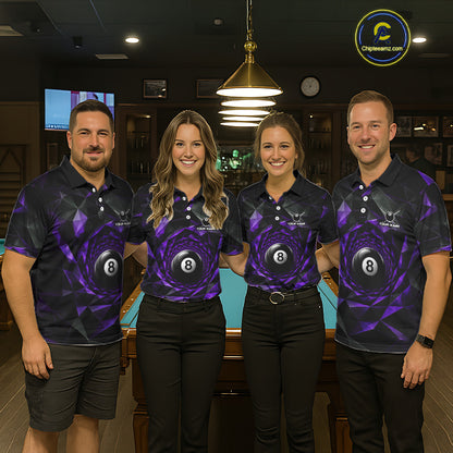 Custom 8 Ball Pool Jersey Personalized Purple Geometric Billiard Short Sleeve Men Polo Quarter-Zip Shirt NYN3983