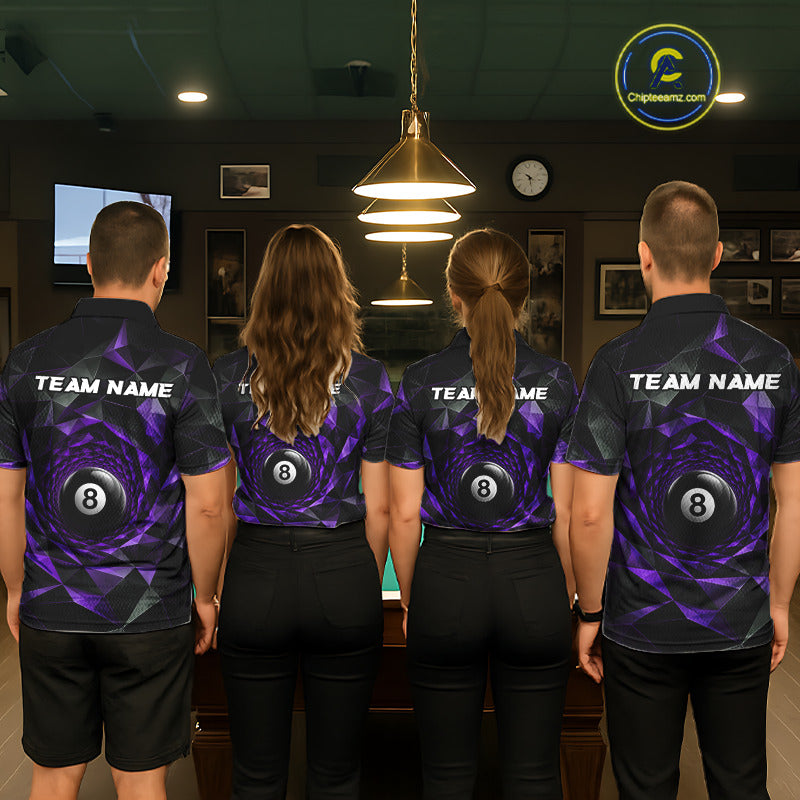 Custom 8 Ball Pool Jersey Personalized Purple Geometric Billiard Short Sleeve Men Polo Quarter-Zip Shirt NYN3983