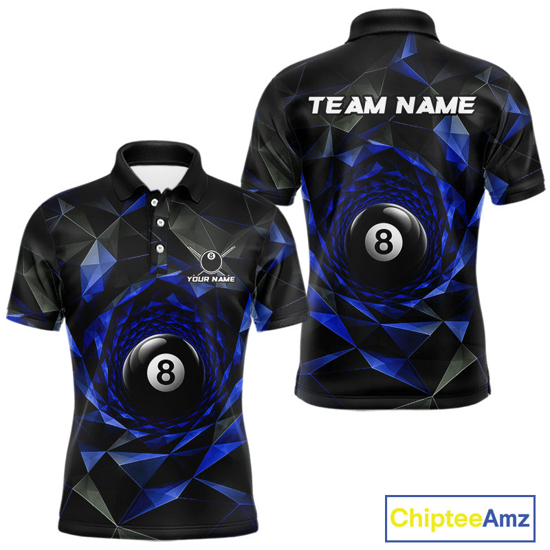 Custom 8 Ball Pool Jersey Personalized Blue Geometric Billiard Short Sleeve Men Polo Quarter-Zip Shirt NYN3984