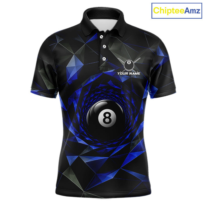 Custom 8 Ball Pool Jersey Personalized Blue Geometric Billiard Short Sleeve Men Polo Quarter-Zip Shirt NYN3984
