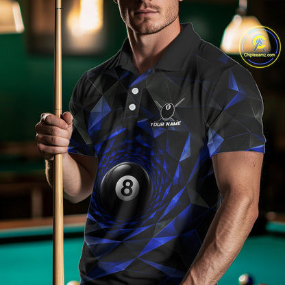 Custom 8 Ball Pool Jersey Personalized Blue Geometric Billiard Short Sleeve Men Polo Quarter-Zip Shirt NYN3984