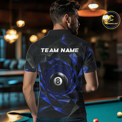 Custom 8 Ball Pool Jersey Personalized Blue Geometric Billiard Short Sleeve Men Polo Quarter-Zip Shirt NYN3984