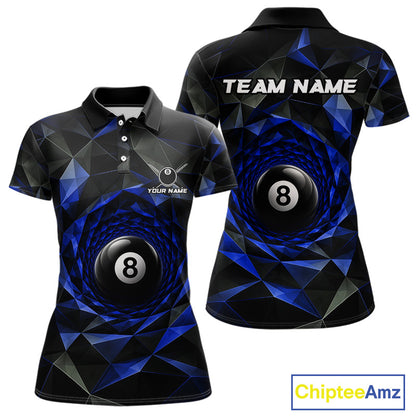 Custom 8 Ball Pool Jersey Personalized Blue Geometric Billiard Short Sleeve Women Polo Quarter-Zip Shirt NYN3984