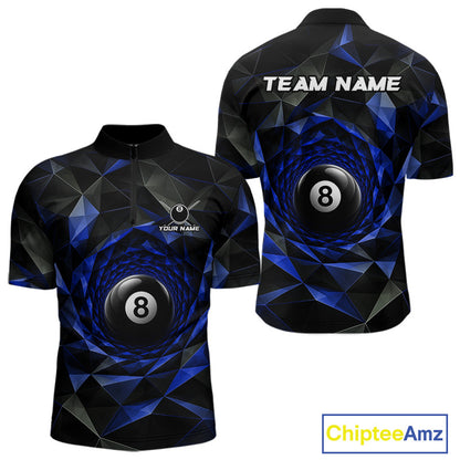 Custom 8 Ball Pool Jersey Personalized Blue Geometric Billiard Short Sleeve Men Polo Quarter-Zip Shirt NYN3984