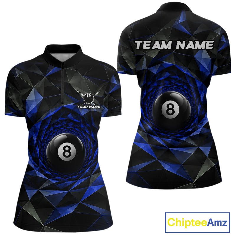 Custom 8 Ball Pool Jersey Personalized Blue Geometric Billiard Short Sleeve Women Polo Quarter-Zip Shirt NYN3984