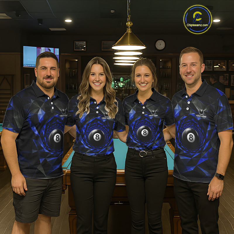 Custom 8 Ball Pool Jersey Personalized Blue Geometric Billiard Short Sleeve Women Polo Quarter-Zip Shirt NYN3984