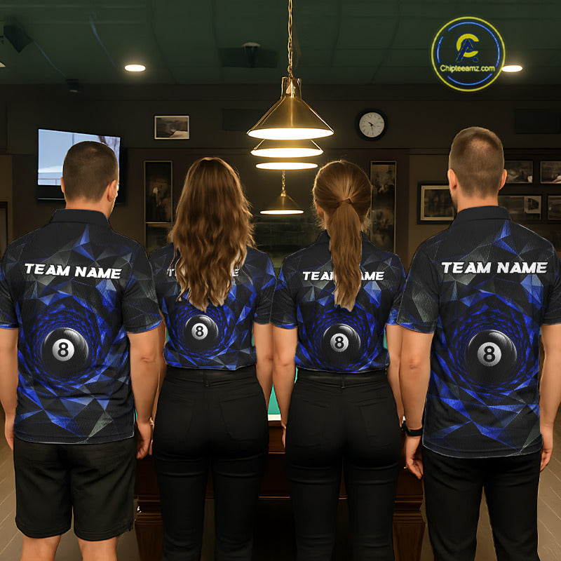 Custom 8 Ball Pool Jersey Personalized Blue Geometric Billiard Short Sleeve Women Polo Quarter-Zip Shirt NYN3984