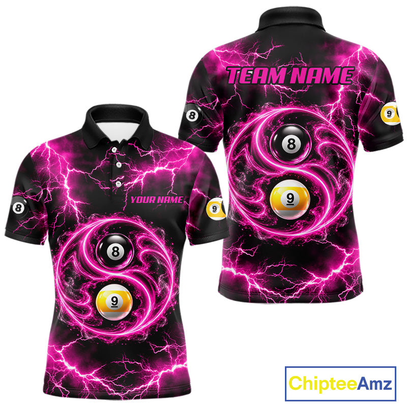 Flame 8 Ball 9 Ball Billiard Polo 1/4-Zip Shirt For Men Pink Thunder Yin-Yang Billiard Team Jersey NYN4765