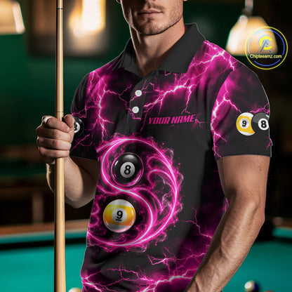 Flame 8 Ball 9 Ball Billiard Polo 1/4-Zip Shirt For Men Pink Thunder Yin-Yang Billiard Team Jersey NYN4765