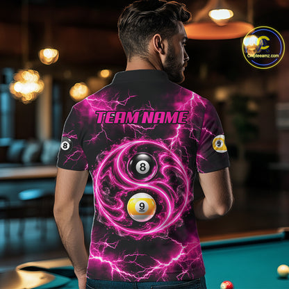 Flame 8 Ball 9 Ball Billiard Polo 1/4-Zip Shirt For Men Pink Thunder Yin-Yang Billiard Team Jersey NYN4765
